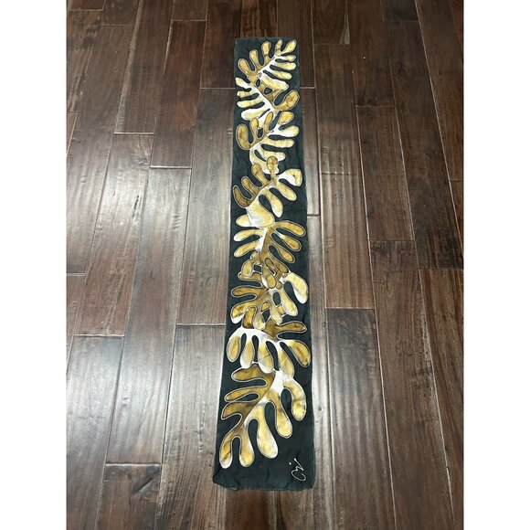 Hand Painted Scarf With Leaf Design Black Gold Rectangular Shawl Wrap Comfy - Picture 4 of 8